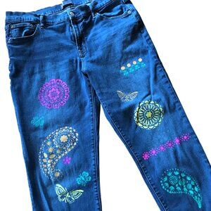 Upcycled Painted Denim Capris, Spring Summer Paisley Pants, Size 14/32